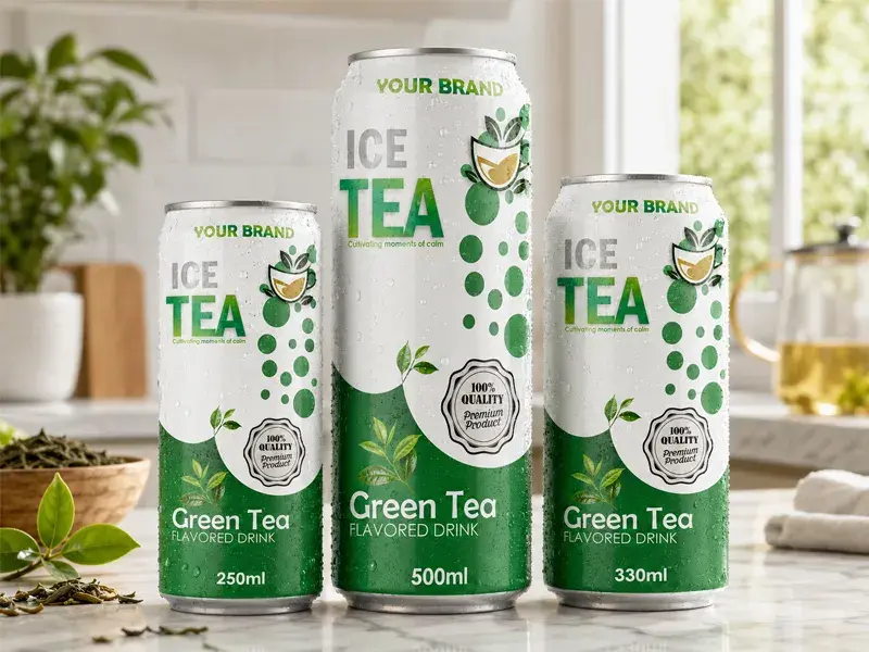 ICE TEA Green Tea flavored drink cans in 250ml, 330ml and 500ml sizes.